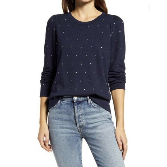 Wit & Wisdom Sweaters - Wit & Wisdom Womens Clothing Navy Rhinestone French Terry Sweatshirt Size Large